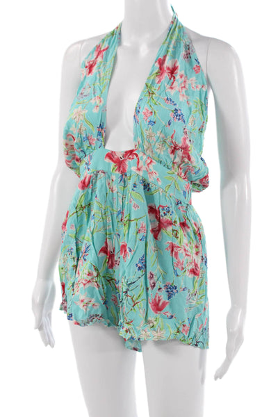 Renamed Women Floral V-Neck Sleeveless Romper Light Blue Rayon Size M