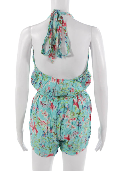 Renamed Women Floral V-Neck Sleeveless Romper Light Blue Rayon Size M
