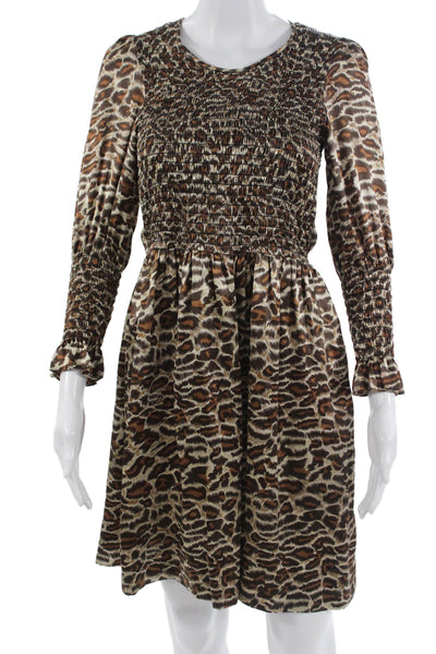 Le Shack By Tracy Feith Women Fit & Flare Brown Leopard Silk Dress Size 8