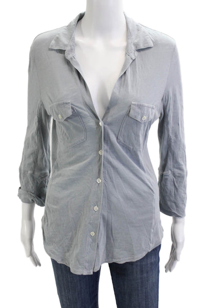 James Perse Women Collared 3/4 Sleeve Cotton Button Up Top Gray Size 3