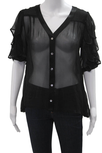 Haute Hippie Womens Silk V-Neck Short Sleeve Button-Up Blouse Black Size XS