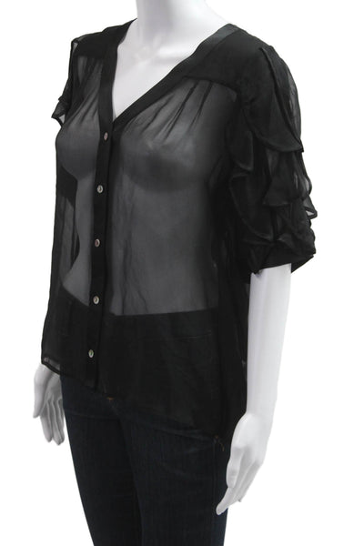 Haute Hippie Womens Silk V-Neck Short Sleeve Button-Up Blouse Black Size XS