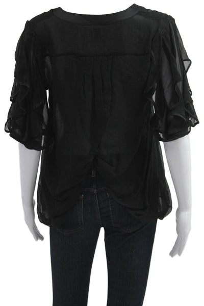 Haute Hippie Womens Silk V-Neck Short Sleeve Button-Up Blouse Black Size XS