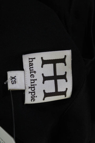 Haute Hippie Womens Silk V-Neck Short Sleeve Button-Up Blouse Black Size XS