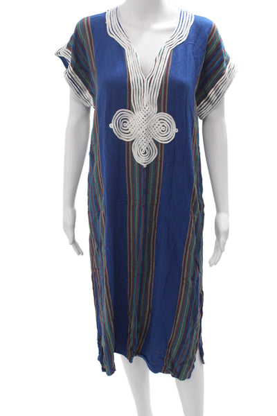 Z & L Women Kaftan Dress Blue Striped V-Neck Short Sleeve Size L