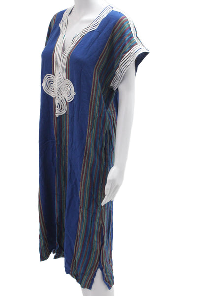 Z & L Women Kaftan Dress Blue Striped V-Neck Short Sleeve Size L