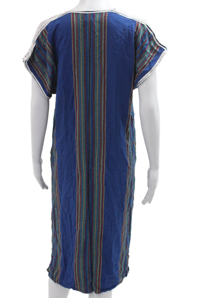 Z & L Women Kaftan Dress Blue Striped V-Neck Short Sleeve Size L