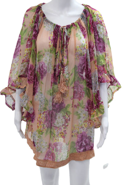 Z & L Womens Kimono Tunic Floral Beige Bohemian Mini Dress Size PS