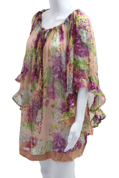 Z & L Womens Kimono Tunic Floral Beige Bohemian Mini Dress Size PS