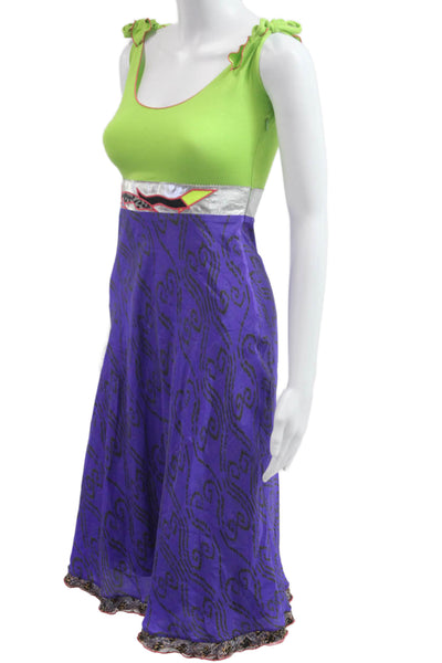 Tracy Feith Women Tank Dress Green Cotton Tie Round Neck Knee Length Size PP
