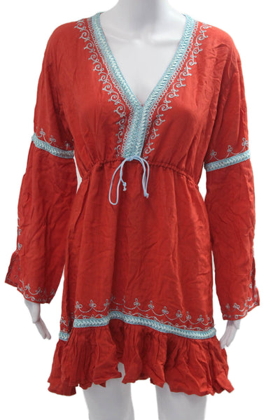 Donale St. Barth-St Tropez Women Red Kaftan Dress Long Sleeve V-Neck Size M