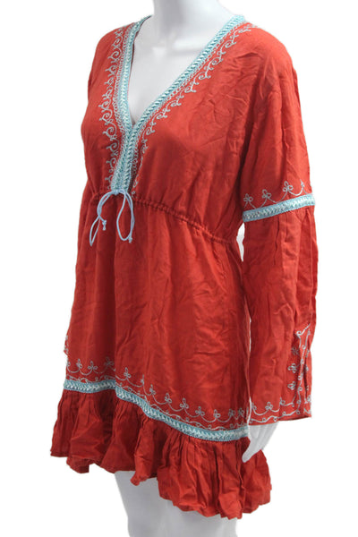 Donale St. Barth-St Tropez Women Red Kaftan Dress Long Sleeve V-Neck Size M