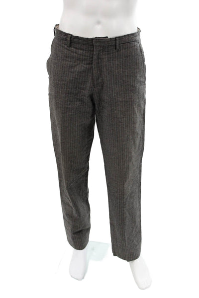 Etro Mens Striped Brown Cotton Linen Dress Pants Button Classic Size 50