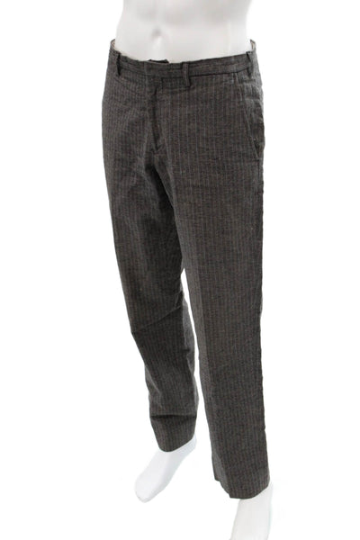 Etro Mens Striped Brown Cotton Linen Dress Pants Button Classic Size 50