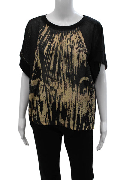 Cotelac Women T-Shirt Black Graphic Print Short Sleeve Wool Size 3