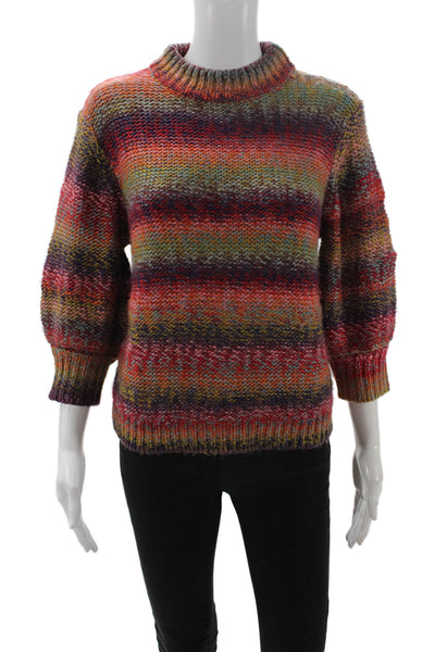 One Grey Day Unisex Orange Striped Merino Wool Pullover Crew 3/4 Sleeve Size XS