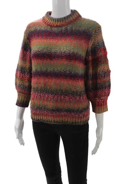 One Grey Day Unisex Orange Striped Merino Wool Pullover Crew 3/4 Sleeve Size XS