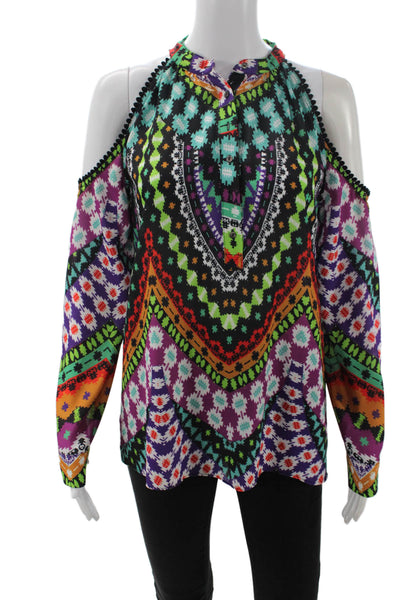 Nicole Miller Women Tunic Blouse Black Geometric Aztec Long Sleeve Size S
