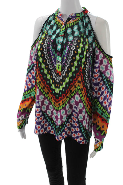 Nicole Miller Women Tunic Blouse Black Geometric Aztec Long Sleeve Size S