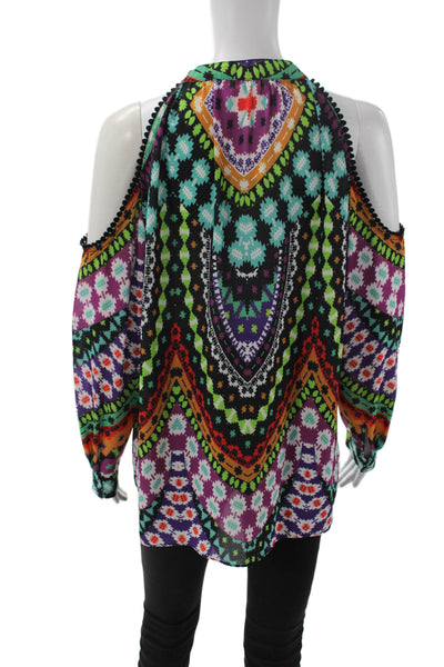 Nicole Miller Women Tunic Blouse Black Geometric Aztec Long Sleeve Size S