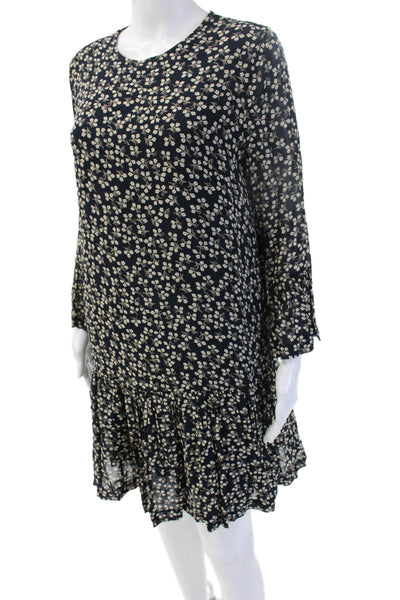 Ganni Women Shift Dress Black Long Sleeve Floral Viscose Knee Length Size 36