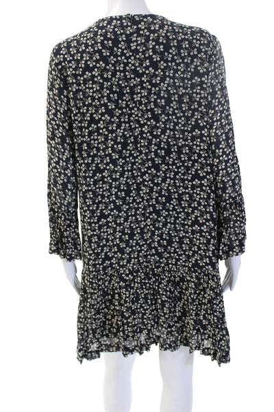 Ganni Women Shift Dress Black Long Sleeve Floral Viscose Knee Length Size 36