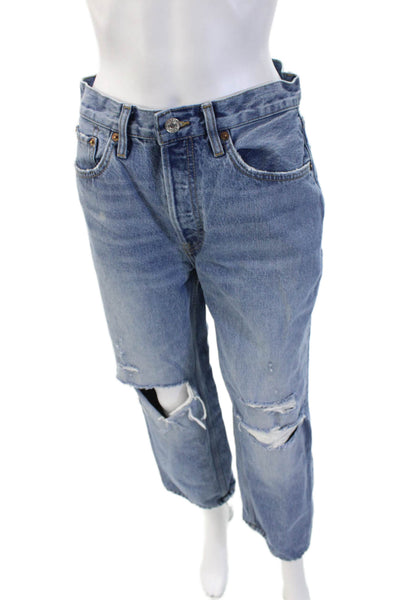 Re/Done Unisex Cropped Straight Jeans Blue 100% Cotton Button Size 26