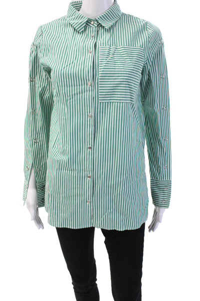Suncoo Women Basic Green Cotton Collared Long Sleeve Button-Up Size S