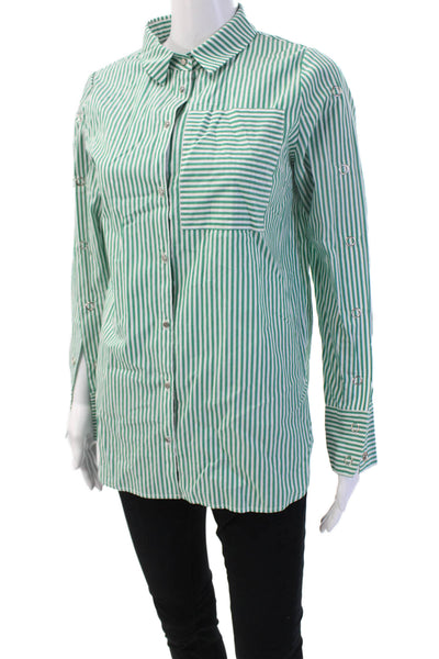 Suncoo Women Basic Green Cotton Collared Long Sleeve Button-Up Size S