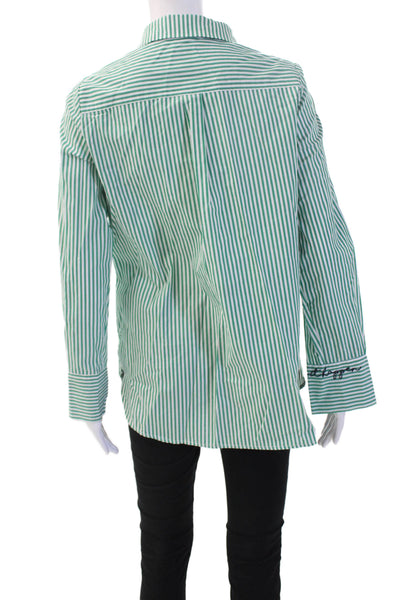 Suncoo Women Basic Green Cotton Collared Long Sleeve Button-Up Size S