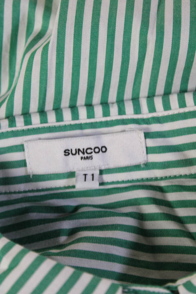Suncoo Women Basic Green Cotton Collared Long Sleeve Button-Up Size S