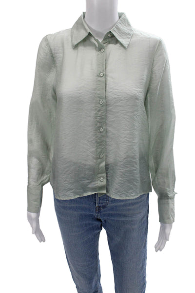 Zara Womens Basic Button Up Tencel Collared Long Sleeve Green Blouse Size S