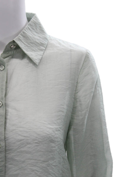Zara Womens Basic Button Up Tencel Collared Long Sleeve Green Blouse Size S