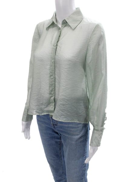 Zara Womens Basic Button Up Tencel Collared Long Sleeve Green Blouse Size S