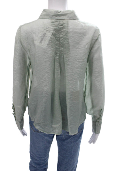Zara Womens Basic Button Up Tencel Collared Long Sleeve Green Blouse Size S