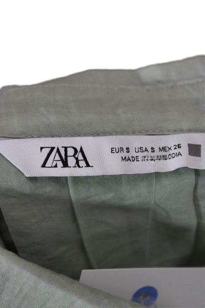 Zara Womens Basic Button Up Tencel Collared Long Sleeve Green Blouse Size S