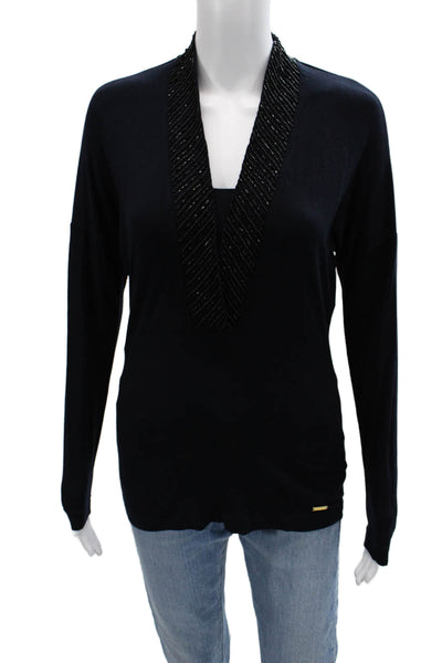 Escada Women Black V-Neck Long Sleeve Top Size 36
