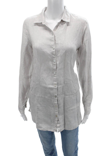 Tahari Womens Linen Collared Tunic Button Up Long Sleeve Gray Size S