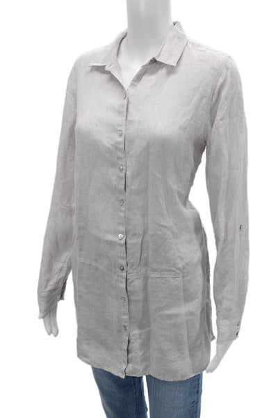 Tahari Womens Linen Collared Tunic Button Up Long Sleeve Gray Size S
