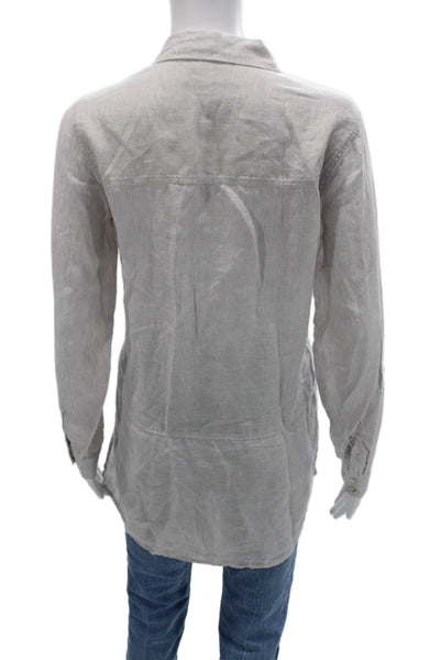 Tahari Womens Linen Collared Tunic Button Up Long Sleeve Gray Size S