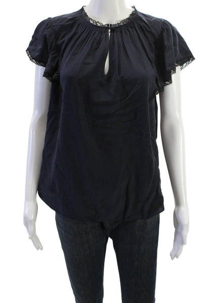 Rebecca Taylor Women Dark Blue Silk Blouse Short Sleeve Round Neck Size 10