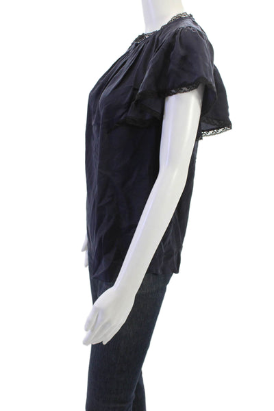 Rebecca Taylor Women Dark Blue Silk Blouse Short Sleeve Round Neck Size 10