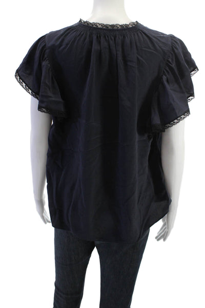 Rebecca Taylor Women Dark Blue Silk Blouse Short Sleeve Round Neck Size 10