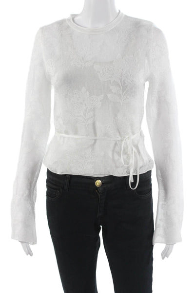 Zara Women Floral Crew Neck Button Long Sleeve Blouse White Size M