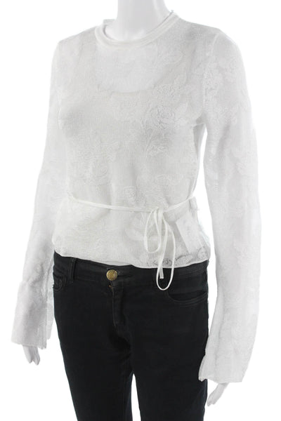 Zara Women Floral Crew Neck Button Long Sleeve Blouse White Size M