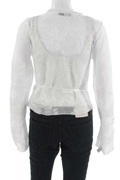 Zara Women Floral Crew Neck Button Long Sleeve Blouse White Size M