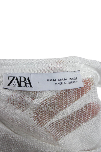 Zara Women Floral Crew Neck Button Long Sleeve Blouse White Size M