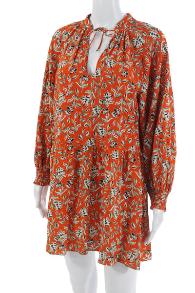 Alice + Olivia Womens Shirt Dress Orange Floral Long Sleeve Linen Size 4