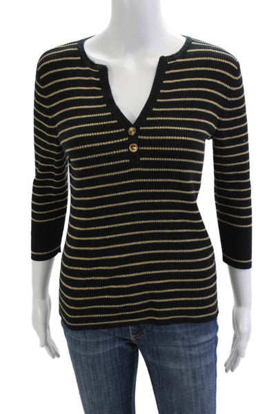 Lauren Ralph Lauren Women Black V-Neck Striped 3/4 Sleeve Basic Top Size S