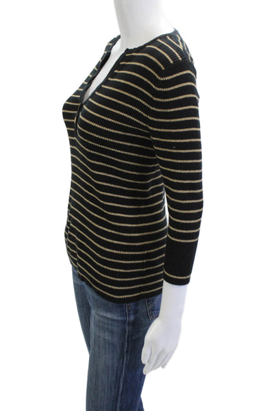 Lauren Ralph Lauren Women Black V-Neck Striped 3/4 Sleeve Basic Top Size S